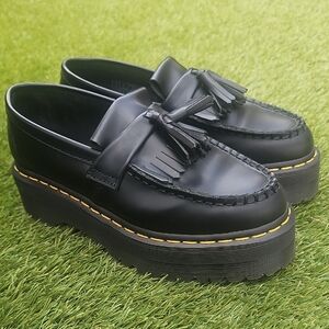 Dr. Martens Black Leather Platform Tassel Loafers with Yellow Stitching